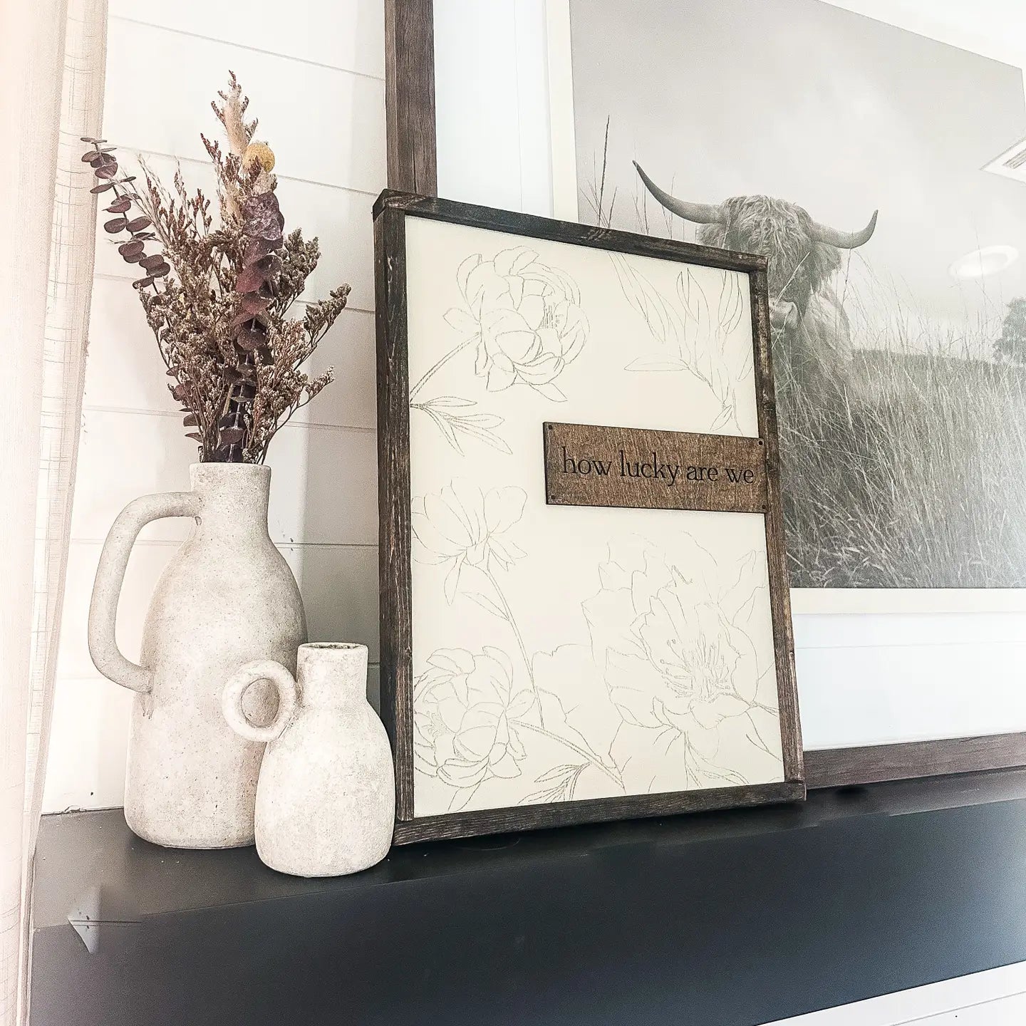How Lucky Are We | Floral Framed Wood Sign
