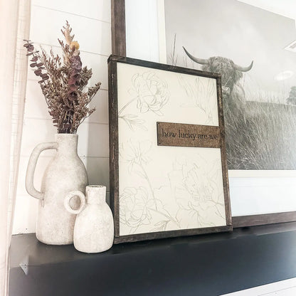 How Lucky Are We | Floral Framed Wood Sign