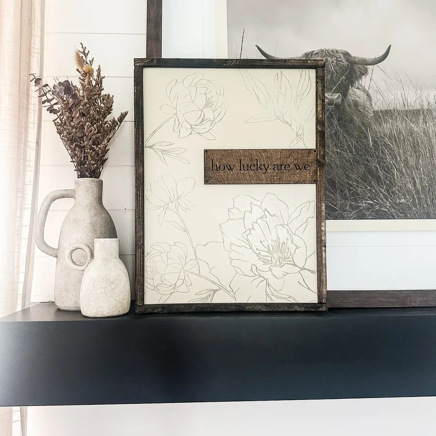 How Lucky Are We | Floral Framed Wood Sign